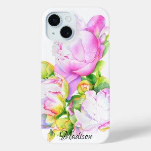 Coque Pour iPhone 15 Elégante aquarelle fleurie de pivoine rose
