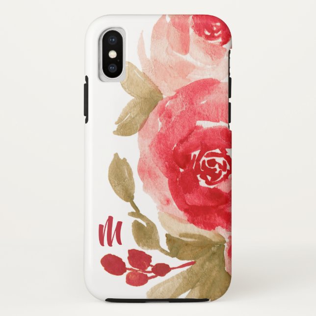 Coques Case-Mate iPhone Elégante aquarelle Rose rouge Monogramme (Dos)