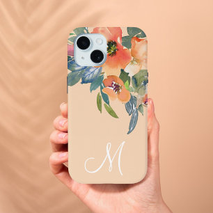 Coque Pour iPhone 15 Elégante Aquarelle tendance Peach Rose Monogramme