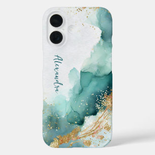 Coque Pour iPhone 16 Elégante aquarelle Turquoise et Abstraite or