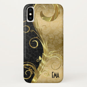 Coque iPhone X Elégante Black Damask Gold Swirls