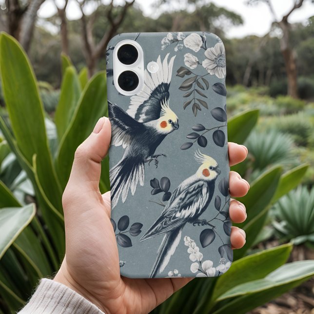Coques Case-Mate iPhone Elégante Chinoiserie Cockatiel Vol Bleu Floral (Elegant Chinoiserie Cockatiel iPhone Case with Floral Botanicals in Blue-Gray timeless bird art)