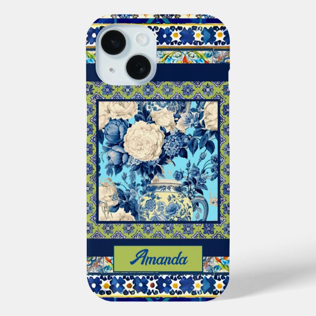 Coques Case-Mate iPhone Élégante chinoiserie de tuile bleu floral monogram (Verso)