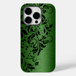 Coque Pour iPhone 14 Pro Elégante dentelle métallique verte et noire floral