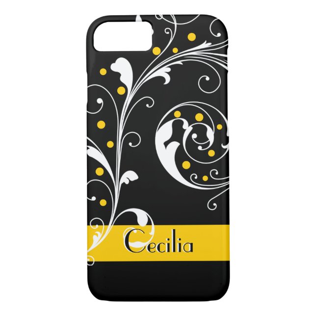 Coques Case-Mate iPhone Élégante feuille de défilement floral noir, jaune  (Dos)