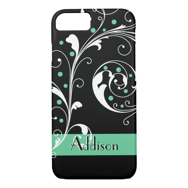 Coques Case-Mate iPhone Élégante feuille de défilement floral noir menthe  (Dos)