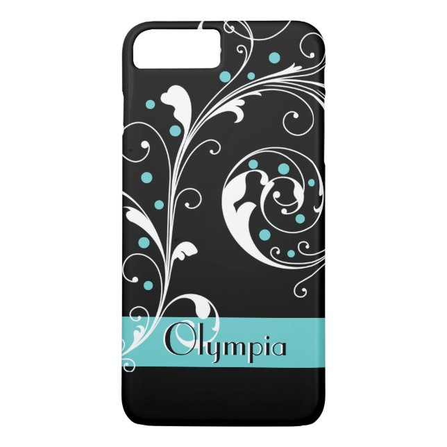 Coques Case-Mate iPhone Élégante feuille florale noir, aqua fleurit (Dos)