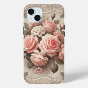 Coque iPhone 15 Mini Élégante Florale rose Vintage avec dentelle