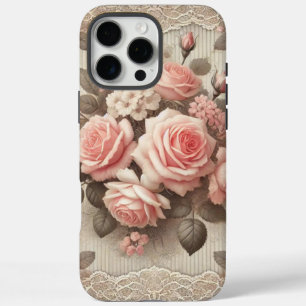 Coques iPhone 16 Pro Max Élégante Florale rose Vintage avec dentelle