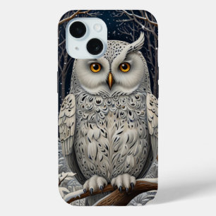 Coque Pour iPhone 15 Élégante forêt d'hiver de chouette blanche boho