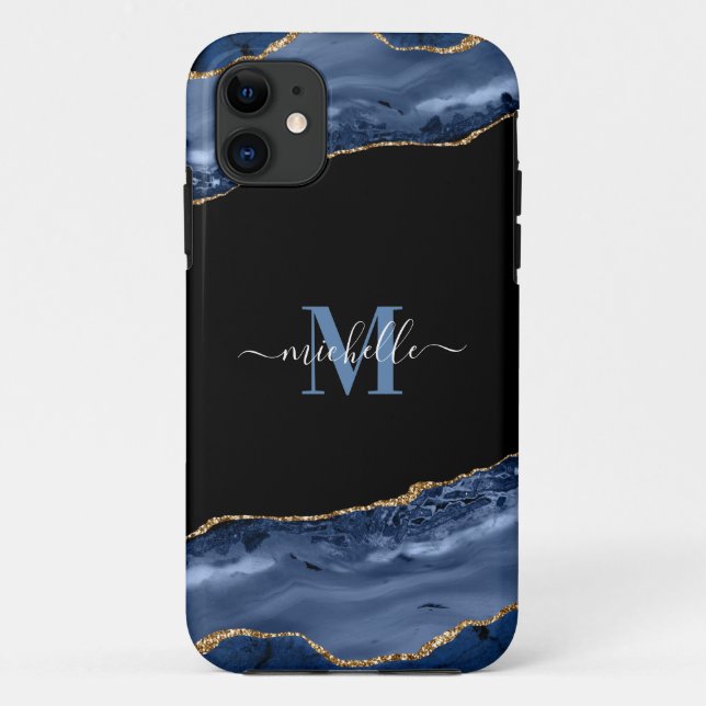 Coques Case-Mate iPhone Élégante Géode d'âge Monogram Blue, Black & Gold (Dos)