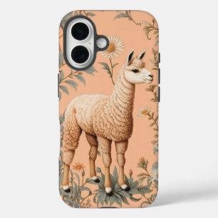 Coque Pour iPhone 16 Élégante Lama et Fleurs de marguerite sur la pêche