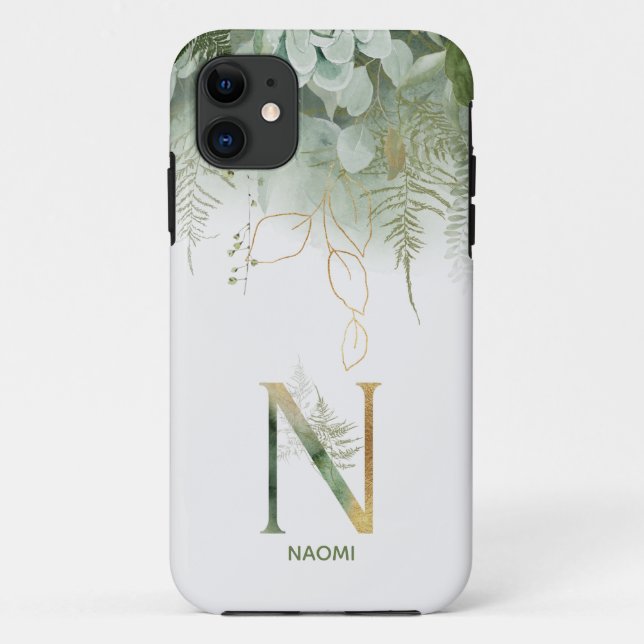 Coques Case-Mate iPhone Élégante lettre florale verte N (Dos)