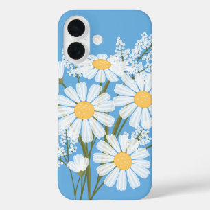 Coque Pour iPhone 16 Elégante marguerite florale blanche sur bleu