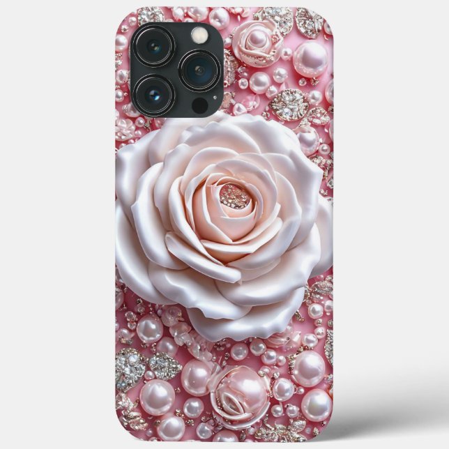 Coques Case-Mate iPhone Elégante rose blanche et perles roses étincelantes (Verso)