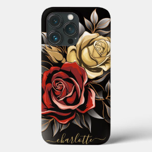 Case-Mate iPhone Case Elégante Rose rouge Flower Gold Noir