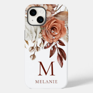 Coque Pour iPhone 14 Élégante Terracotta Florals Monogramme Nom initial