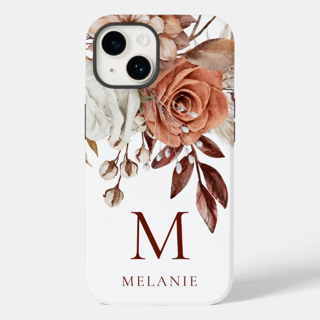 Coques Case-Mate iPhone Élégante Terracotta Florals Monogramme Nom initial (Verso)