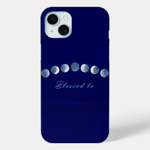 Coque iPhone 15 Mini Élégantes phases de lune bleue profonde Béni Soit