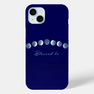 Coque iPhone 15 Mini Élégantes phases de lune bleue profonde Béni Soit