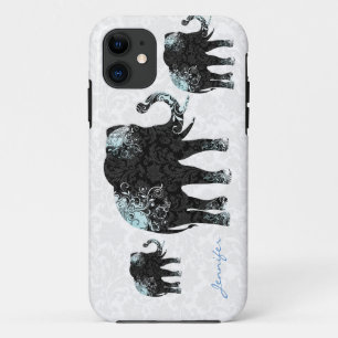Etui iPhone Case-Mate Eléphants et Damas noirs blancs et bleus