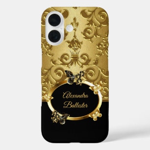 Coque Pour iPhone 16 Élite Élégant Damassé Floral Papillon Or Noir