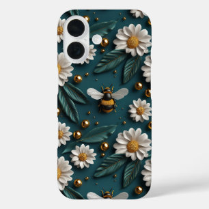 Coque Pour iPhone 16 Emerald Green 3D Bees Daisy Flowers Bumble
