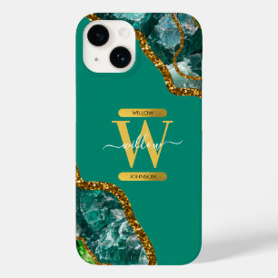 Coque Pour iPhone 14 Emerald Green & Gold Agate Géode Monogramme