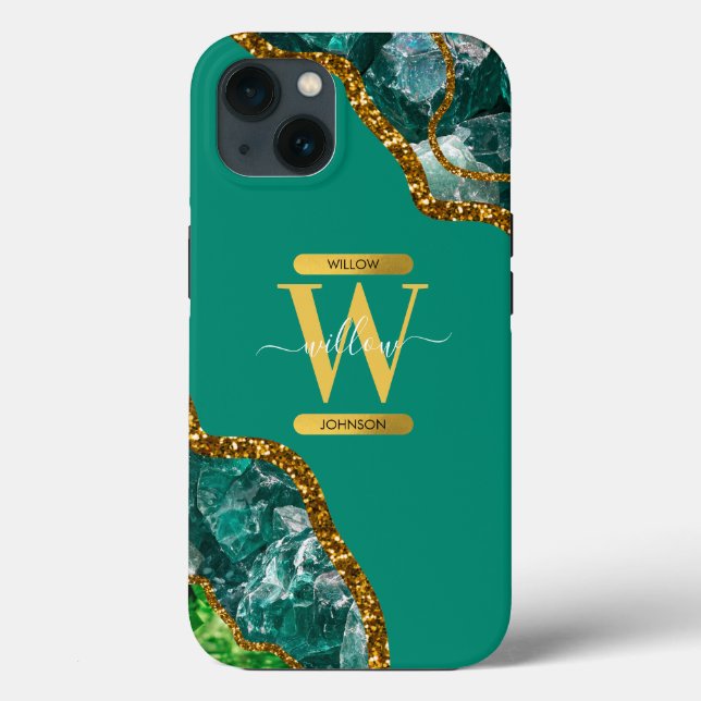 Coques Case-Mate iPhone Emerald Green & Gold Agate Géode Monogramme (Verso)