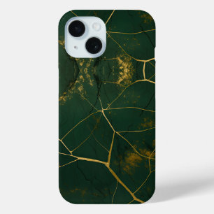 Coque Pour iPhone 15 Emerald Green Marble Gold Parties scintillant