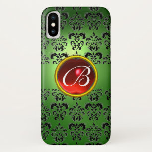 COQUE iPhone X EMERALD VERT DAMASK RED GEM MONOGRAS
