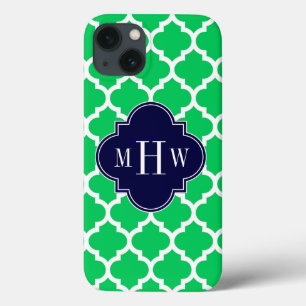 iPhone 13 Coque Émeraude Blanc Marocain #5 Navy 3 Initial Monogram