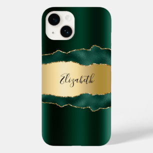 Coque Pour iPhone 14 Émeraude vert or agate marbre nom script