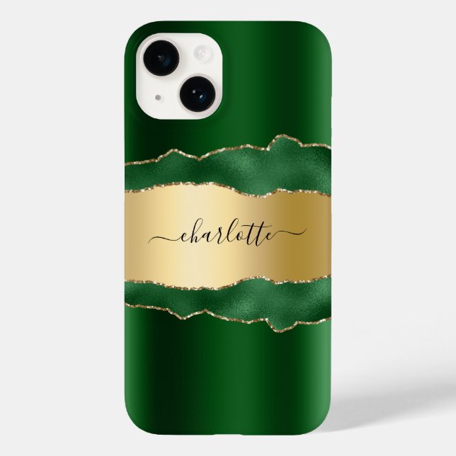 Coques Case-Mate iPhone Émeraude vert or agate marbre nom script (Verso)