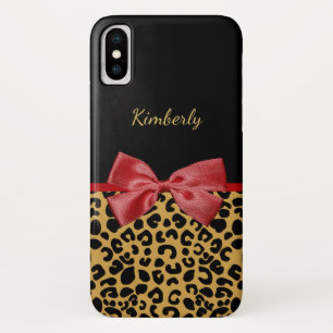 Coque iPhone X Empreinte de léopard d'or noir branché Red Bow e
