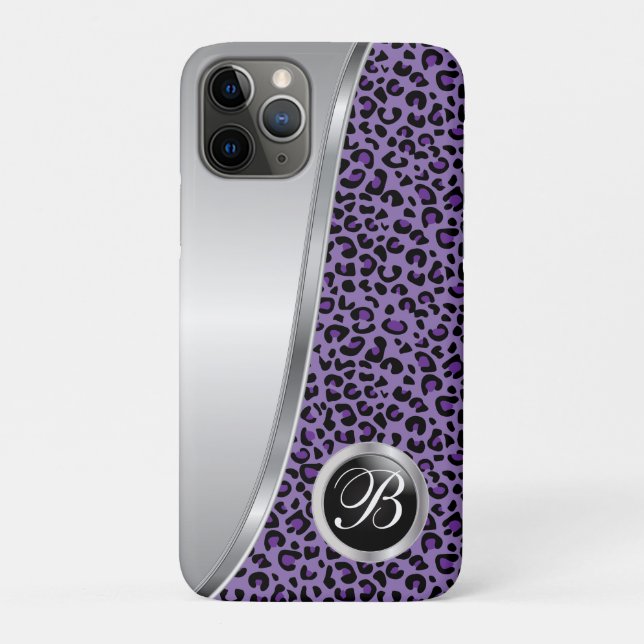 Coques Case-Mate iPhone Empreinte de léopard noir et violet | Monogramme (Dos)