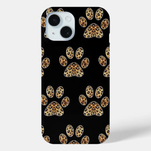 Coque Pour iPhone 15 Empreinte de patte avec étincelle Léopard Noir et 