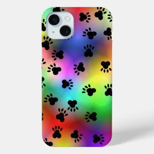 Coque iPhone 15 Mini Empreintes de Patte de Chien Arc-en-Ciel