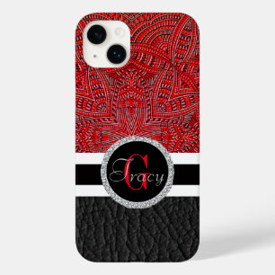 Coque Pour iPhone 14 Plus En osier rouge, cuir abstrait et noir et monogramm