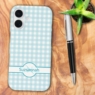 Coque Pour iPhone 16 En vichy bleu Vérifier Monogramme Personnalisé Coq