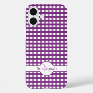 Coques iPhone 16 Plus En vichy Violet Vérifier Monogramme Personnalisé C