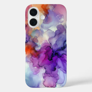Coque Pour iPhone 16 Encre d'alcool orange et violet Abstraite