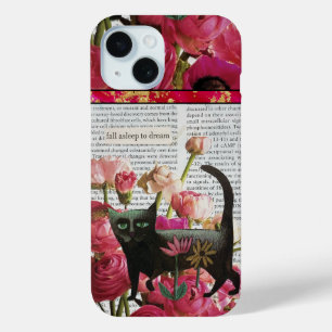Coque Pour iPhone 15 Endormez-vous pour rêver Chat noir Fleurs roses ch