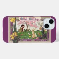 Enfant vintage à la chasse aux oeufs de Pâques ave