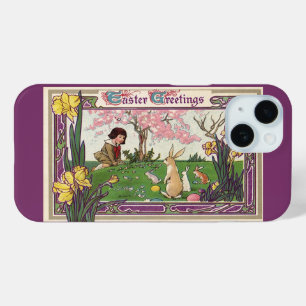 Coque Pour iPhone 15 Enfant Vintage à la chasse aux œufs de Pâques avec