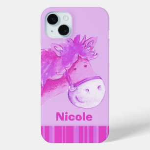 Coque iPhone 15 Mini Enfants cheval poney violet rose rayures nom
