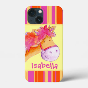 iPhone 13 Mini Case Enfants filles nommé poney jaune
