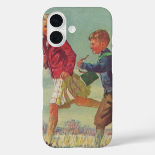 Coque Pour iPhone 16 Enfants vintages qui courent à l'école portant des