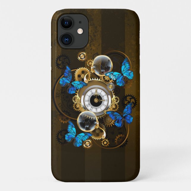 Coques Case-Mate iPhone Engrenages à vapeur et papillons bleus (Dos)