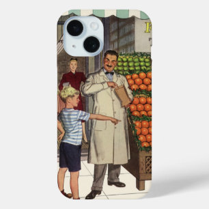 Coque Pour iPhone 15 Entreprise Vintage, Étal de Fruits avec Épicier et